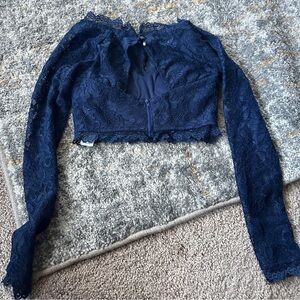 Deep Navy Blue Cropped Fitted Lace Top with Long Sleeves